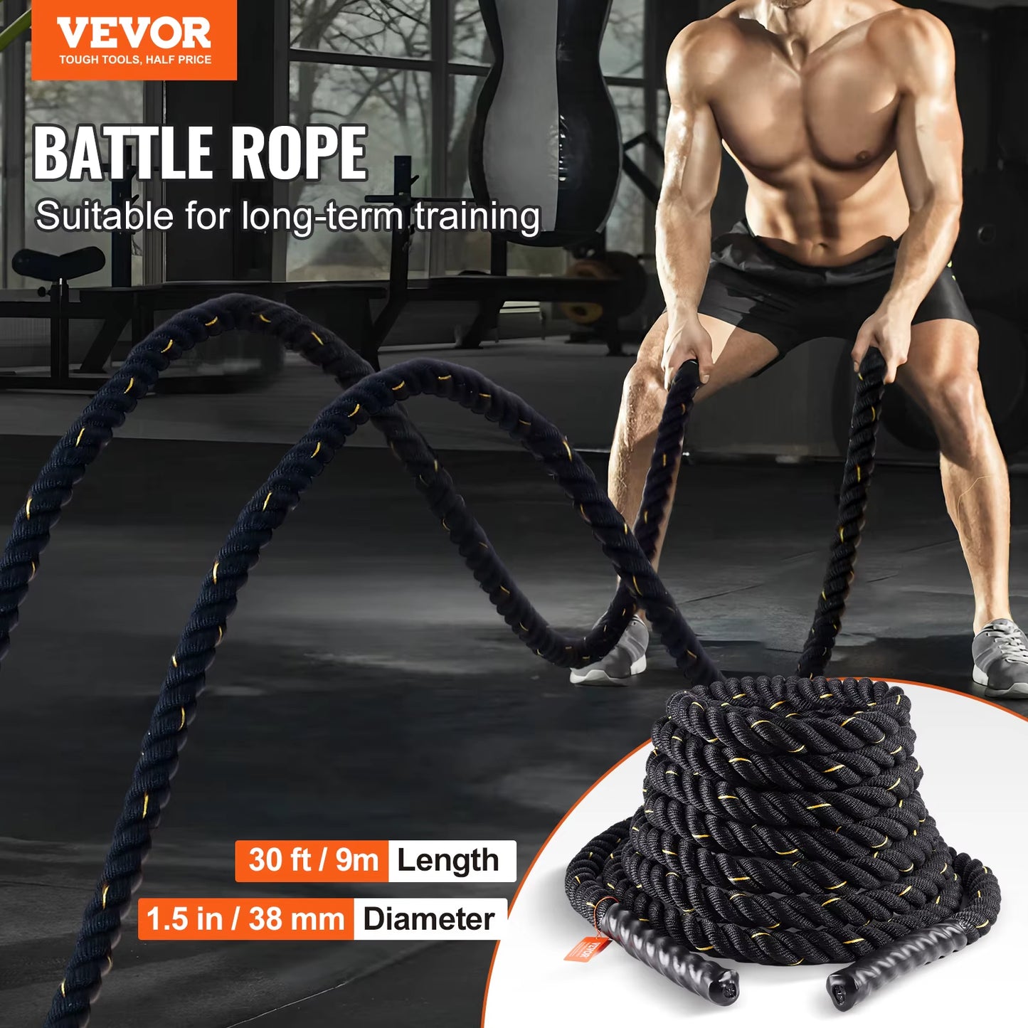 VEVOR Battle Rope 1.5 Inch Diameter 30Ft Length for Home Gym Body Workout Core Strength Training Muscle Building Fitness