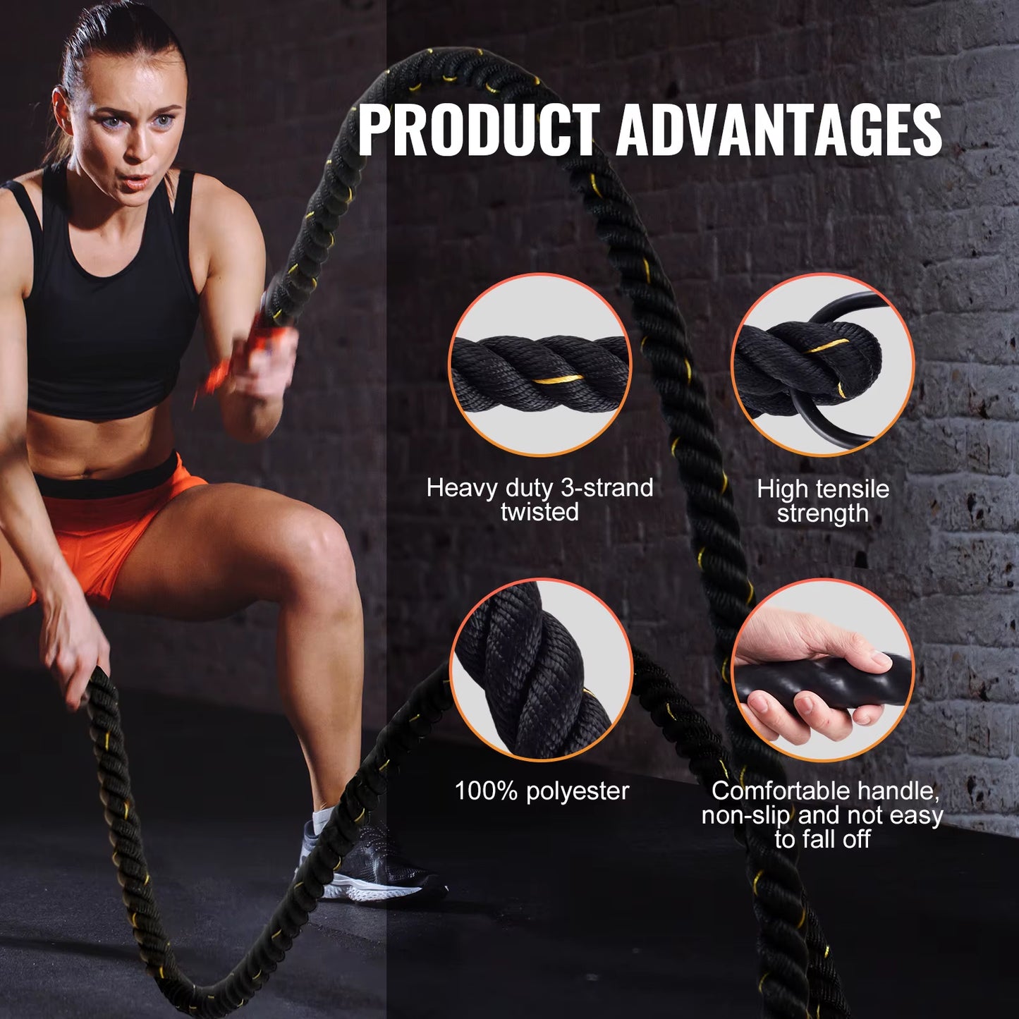 VEVOR Battle Rope 1.5 Inch Diameter 30Ft Length for Home Gym Body Workout Core Strength Training Muscle Building Fitness