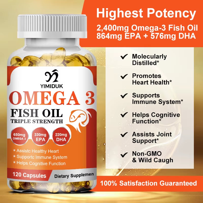 Triple Strength Omega 3 Fish Oil Supplements Capsuless for Heart, Brain & Immune Support