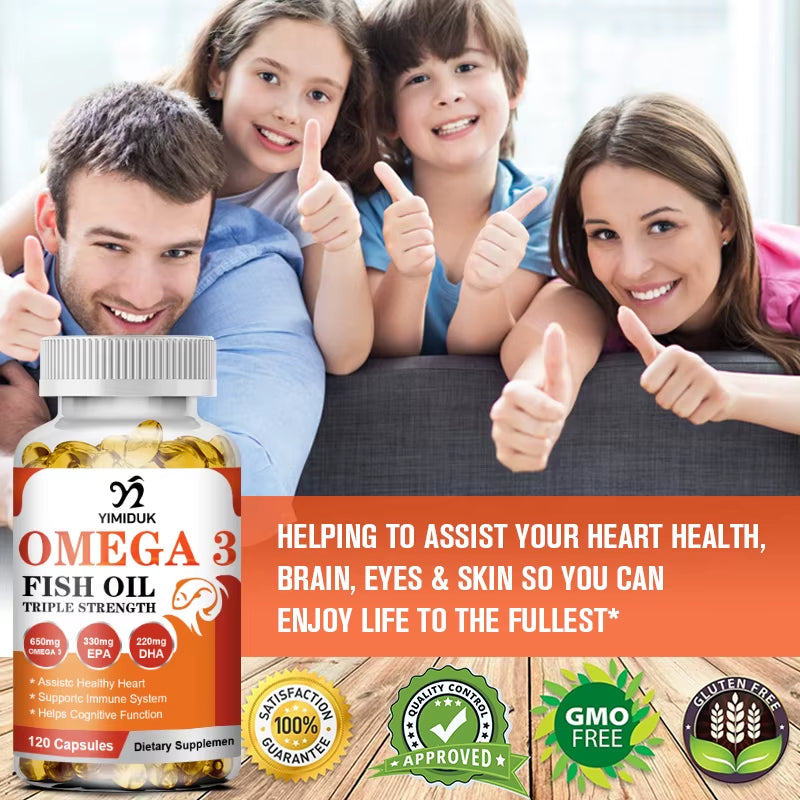 Triple Strength Omega 3 Fish Oil Supplements Capsuless for Heart, Brain & Immune Support