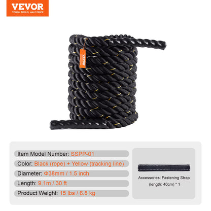 VEVOR Battle Rope 1.5 Inch Diameter 30Ft Length for Home Gym Body Workout Core Strength Training Muscle Building Fitness