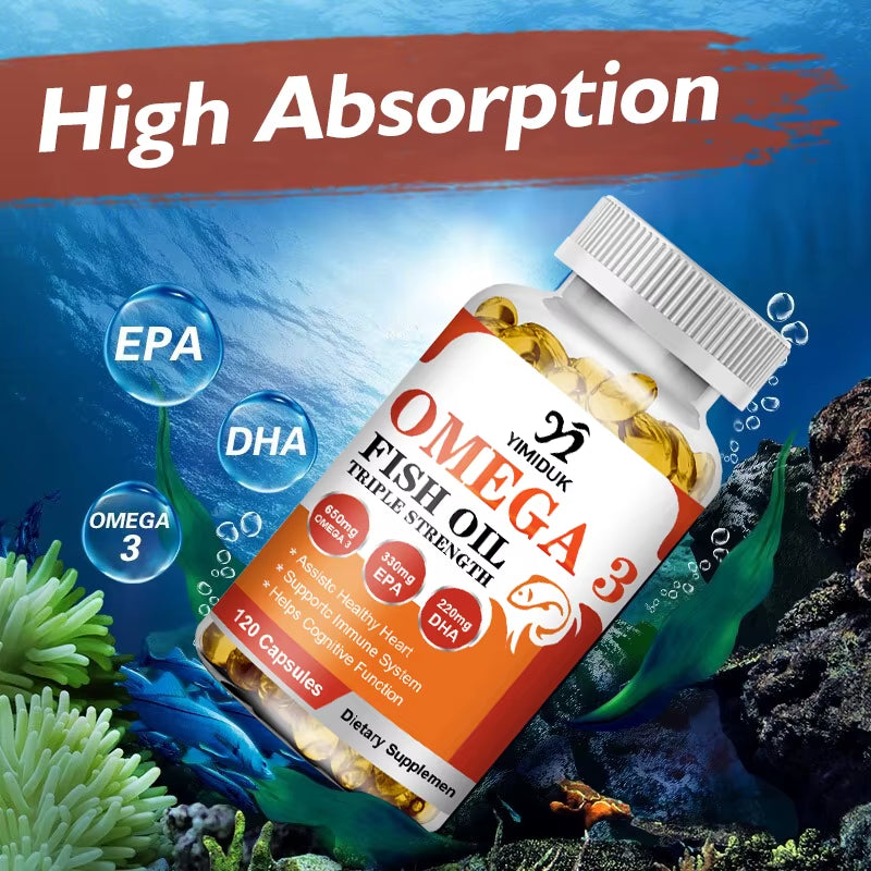 Triple Strength Omega 3 Fish Oil Supplements Capsuless for Heart, Brain & Immune Support