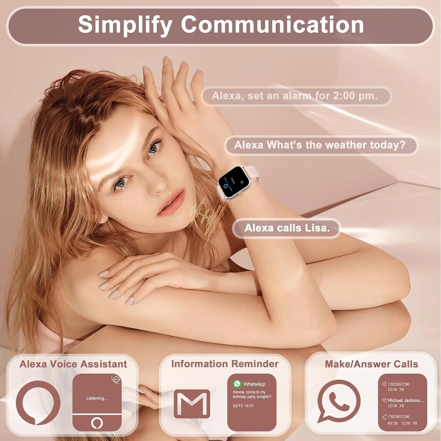 Women Alexa Smartwatch Fitness Bluetooth Call Watch for Android Iphone Samsung