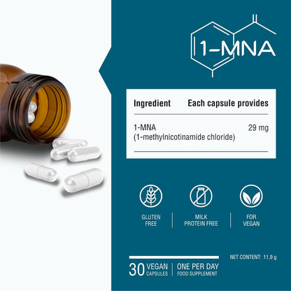 1-MNA, anti Aging, Optimizing NAD+ Biohacking Supplement, Support for Cellular Health, Scientifically Formulated with Enhanced Bioavailability, 30 Easy Swallow Caps